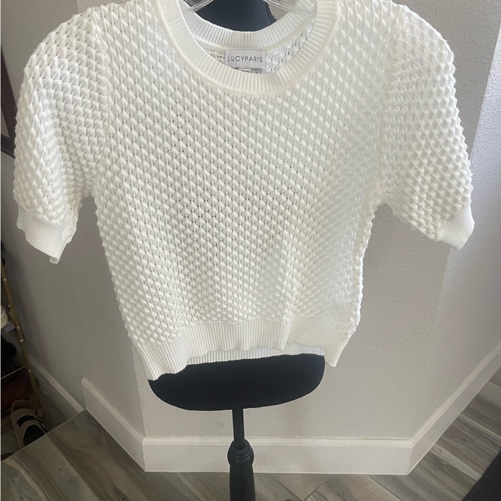 Lucy Paris Cream Textured Short-Sleeve Crew Sweater